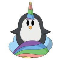 carino pinguino nel arcobaleno unicorno costume su un' nube nel colore vettore