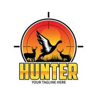 a caccia club logo ispirazione con anatra e obbiettivo. fucile lente mirando un' anatra