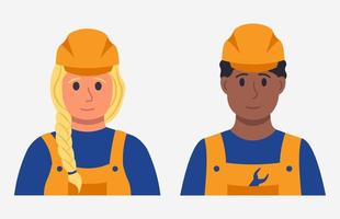 partner di costruttori, donna e uomo professionale lavoratori nel uniforme piatto stile vettore illustrazione