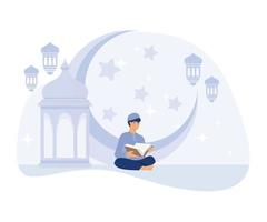 musulmano uomini leggere il Corano nel il mese di Ramadan, Ramadan kareem, piatto vettore moderno illustrazione