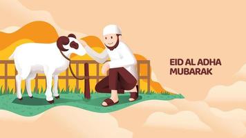 musulmano uomo sedersi con sacrificio animale capra o pecora per eid al adha mubarak celebrazione vettore