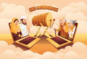vettore illustrazione di musulmano persone comunicare in linea nel eid mubarak