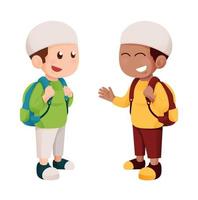 carino musulmano bambini scuola ragazzo con zaino Sorridi e avere conversazione nel colorato capi di abbigliamento vettore