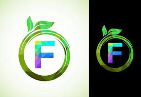poligonale alfabeto f nel un' spirale con verde le foglie. natura icona cartello simbolo. geometrico forme stile logo design per attività commerciale assistenza sanitaria, natura, azienda agricola, e azienda identità. vettore