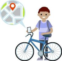 bicicletta con tipo con zaino. salutare stile di vita. cartone animato piatto illustrazione. urbano trasporto. passatempo e sport. città carta geografica e navigazione. moderno tecnologia. giovane ragazzo vettore