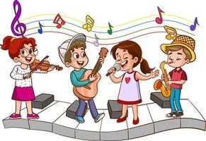 cartone animato gruppo di bambini cantando e danza nel il scuola coro vettore