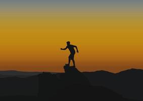 silhouette di un' persona in piedi su un' roccia su il collina, vettore illustrazione.