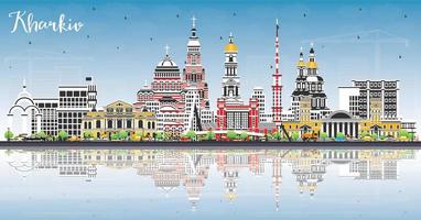 Charkiv Ucraina città orizzonte con colore edifici, blu cielo e riflessi. vettore illustrazione. Charkiv paesaggio urbano con punti di riferimento.