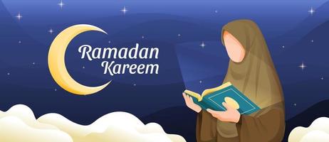 musulmano donna lettura Corano o Corano nel Ramadan kareem santo mese con mezzaluna Luna e stelle illustrazione vettore