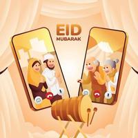 vettore illustrazione di musulmano persone comunicare in linea attraverso smartphone video chiamata nel eid mubarak