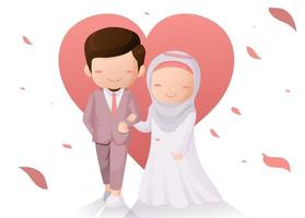 carino musulmano o musulmano coppia nozze cartone animato illustrazione con amore sfondo vettore