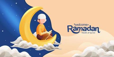 Ramadan creativo illustrazione con uomo lettura Corano mezzaluna Luna e stelle sopra il nuvole vettore
