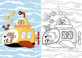 divertente orso con tigre nel sottomarino sottomarino con marino animali, vettore cartone animato, colorazione pagina o libro