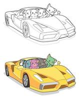 gatti kawaii in super auto, pagina da colorare di cartoni animati per bambini vettore