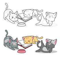 Pagina da colorare di cartoni animati con tre personaggi di gatto per bambini vettore