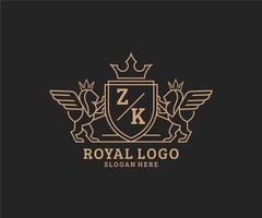 iniziale zk lettera Leone reale lusso stemma araldico logo modello nel vettore arte per ristorante, regalità, boutique, bar, Hotel, araldico, gioielleria, moda e altro vettore illustrazione.