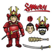 cartone animato samurai con il completare ingranaggi vettore