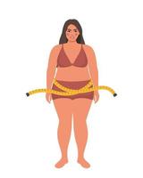 più dimensione donna nel biancheria intima e misurazione nastro. oversize Grasso ragazza. obesità peso controllo concetto. sovrappeso femmina cartone animato personaggio pieno lunghezza. vettore illustrazione.