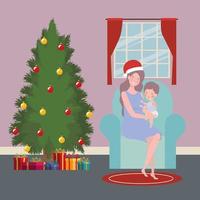 madre e bambino con la celebrazione del Natale albero di pino vettore