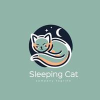 addormentato gatto logo design modello. carino cartone animato gattino vettore illustrazione. vettore piatto colore