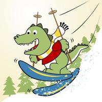 vettore cartone animato di carino dinosauro giocando sciare nel neve montagna