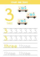 tracciare il foglio di lavoro dei numeri con l'auto ambulanza dei cartoni animati vettore