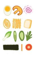 il ricetta per ramen tagliatelle, coreano cibo con tagliatelle, Norimaki, alga marina, tritato verde cipolle, uova, funghi. vettore