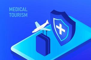 medico turismo -medico assicurazione concetto, donna nel il aeroporto andando per viaggio all'estero per medico trattamento , medico turismo vettore illustrazione