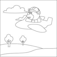 carino animale volante nel aereo cartone animato mano disegnato vettore illustrazione. infantile design per bambini attività colorazione libro o pagina.