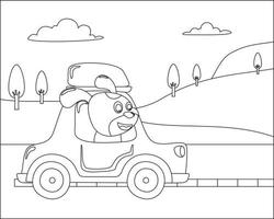 vettore cartone animato di divertente animale guida auto nel il strada con villaggio paesaggio. cartone animato isolato vettore illustrazione, creativo vettore infantile design per bambini attività colorazione libro o pagina.