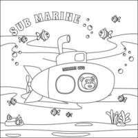 sottomarino con carino marinaio sotto mare, con cartone animato stile infantile design per bambini attività colorazione libro o pagina. vettore