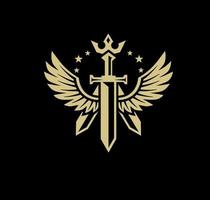 spada accompagnata da ali e icona della corona che simboleggia la protezione dell'angelo custode vettore