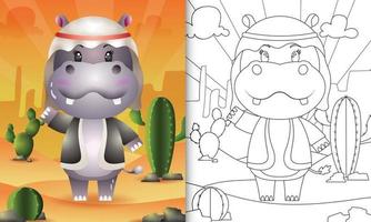 libro da colorare per bambini a tema ramadan con un simpatico ippopotamo usando il costume tradizionale arabo vettore