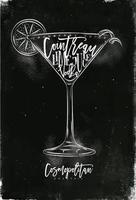 Cosmopolita cocktail lettering mirtillo succo, Cointreau, Vodka, lime nel Vintage ▾ grafico stile disegno con gesso su lavagna sfondo vettore