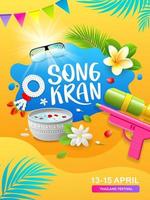 Songkran Tailandia Festival, pistola acqua e tailandese fiore, manifesto design su astratto giallo sfondo, eps 10 vettore illustrazione