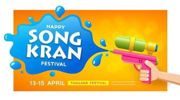 Songkran Festival Tailandia, acqua pistola nel mano e acqua spruzzata, bandiera design su giallo sfondo, eps 10 vettore illustrazione