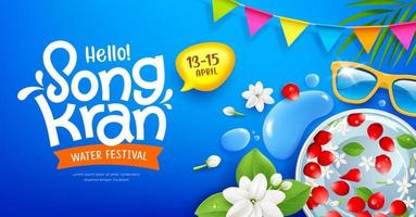 Songkran Festival Messaggio, gelsomino, acqua e fiore nel ciotola, Noce di cocco foglia, acqua far cadere e bandiera banner manifesto design su blu sfondo, eps 10 vettore illustrazione