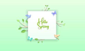 Ciao primavera etichetta con primavera uccelli e fiori su un' morbido pastello rosa sfondo. Ciao primavera semplice tagliare carta stile illustrazione design modello vettore
