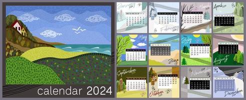 calendario 2024. colorato mensile calendario con vario paesaggi. settimana inizia su lunedì.