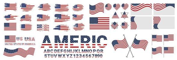 fascio di Stati Uniti d'America, unito stati di America icona bandiera simbolo cartello vettore mega collezione illustrazione design. Stati Uniti d'America bandiera spazzola vettore design impostato mega collezione. Stati Uniti d'America e America testo design con Stati Uniti d'America bandiera.