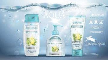 shampoo confezione, crema tubo, sapone bottiglia pubblicità realistico subacqueo blu modello. corpo cura prodotti promozione. vettore illustrazione.