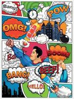 comico libro pagina diviso di Linee con discorso bolle, razzo, supereroe e suoni effetto. retrò sfondo modello. i fumetti modello. vettore illustrazione