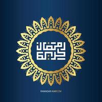 gratuito Ramadan kareem Arabo calligrafia con d'oro colore su blu sfondo. islamico mese di Ramadan nel Arabo logo saluto design vettore