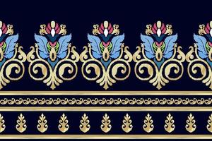 ikat etnico senza soluzione di continuità modello design. azteco tessuto mandala tessile sfondo. tribale nativo motivo boho ornamento africano americano indiano popolare tradizionale ricamo vettore sfondo