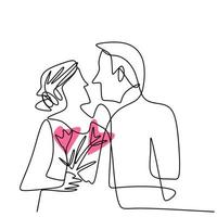 continuo un disegno a tratteggio di coppia di innamorati donna e uomo in posa romantica. giovane maschio e femmina sono nel momento di felicità isolato su sfondo bianco. illustrazione vettoriale stile minimalista