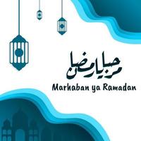 banner marhaban ya ramadhan con calligrafia, moschea in colori pastello adatto per biglietti di auguri, flyer, poster, copertina, web, post sui social media o storie vettore