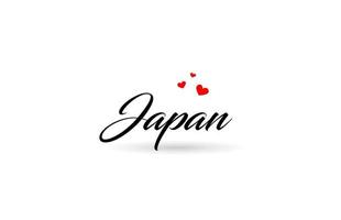 Giappone nome nazione parola con tre rosso amore cuore. creativo tipografia logo icona design vettore