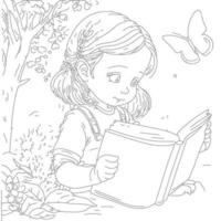un' ragazza lettura un' libro con un' farfalla su il coperchio. vettore