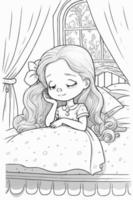 un' ragazza è addormentato nel sua letto con un' disegno di un' ragazza con lungo capelli. vettore