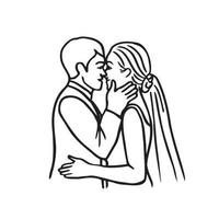 sposo tocchi spose viso, scarabocchio schizzo sposa e sposo prima bacio vettore